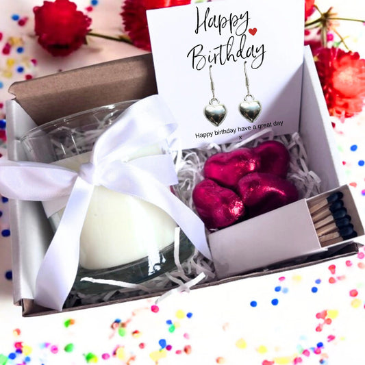 Small Happy Birthday Gift Hamper | Heart Earrings, Chocolates & Candle Aye Do Gifts