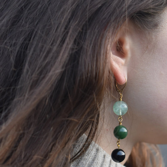 Green Quartz, Green Agate and Black Onyx Yellow Gold vermeil, 9k or 18k Gold Vermeil Earrings, Bloom Collection | by nlanlaVictory NlanlaVictory