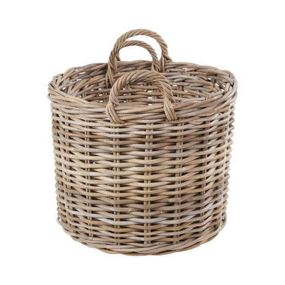 Set of 2 Grey Rattan Round Log Baskets
