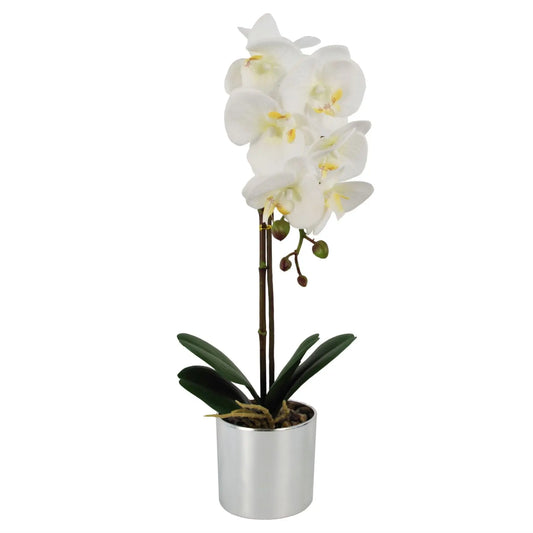 Artificial Orchid White Silver Pot 46cm Leaf Design