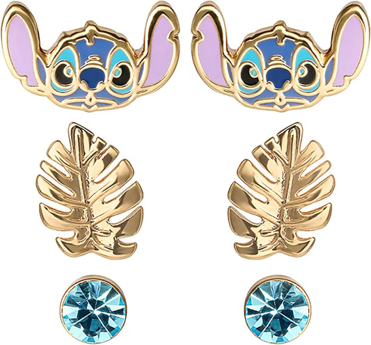 Disney Lilo & Stitch Blue and Gold Coloured 3 Piece Earring Set Peers Hardy