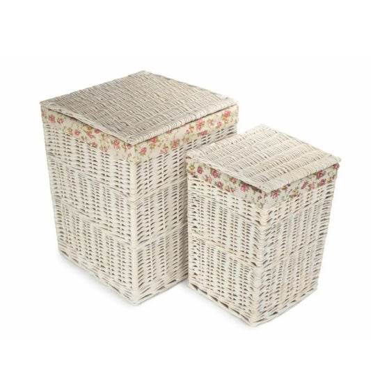 Square White Wash Wicker Laundry Basket Rose Lining Red Hamper