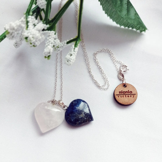 Lapis Lazuli and Rose Quartz Hearts Necklace, Lapis Lazuli and Rose Quartz Sterling Silver necklace,  Lapis Lazuli and Rose Quartz Pendants, Gemstone Necklace | by nlanlaVictory NlanlaVictory