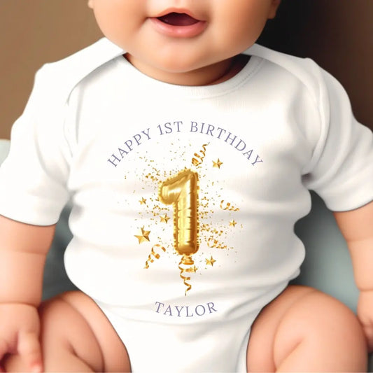 Personalised 1st Birthday Gold Balloon Gift Hamper - Teddy & Baby Vest Aye Do Gifts
