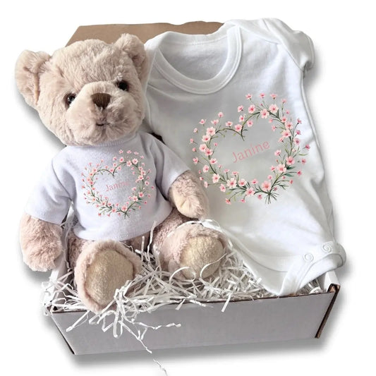 Personalised Pink Flower Heart Name Gift Hamper - Teddy & Baby Vest Aye Do Gifts