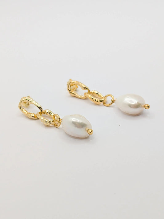 Gold Sandy Textured Chunky Chain Pearl Drop Earrings Another Mother